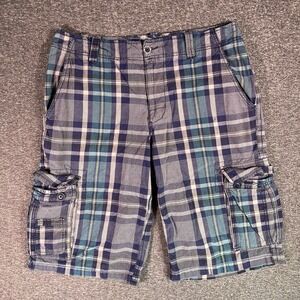 Route 66 Cargo Shorts Mens 34 Gray Plaid Utility 100% Cotton Pockets Fit-34x13.5